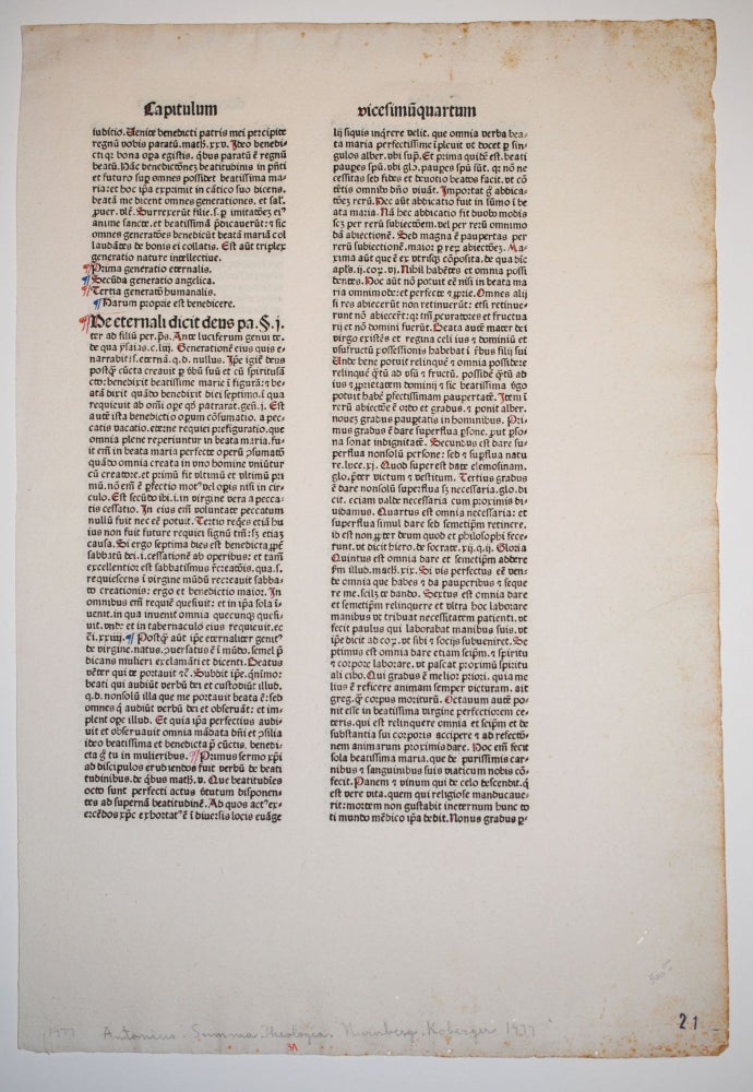 Item #9000403 Summa Theologica. (printed Incunabula Leaf). Antonius.