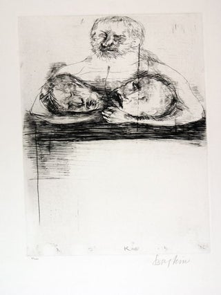 Item #9009505 Man Holding Two Heads (Print). Leonard Baskin