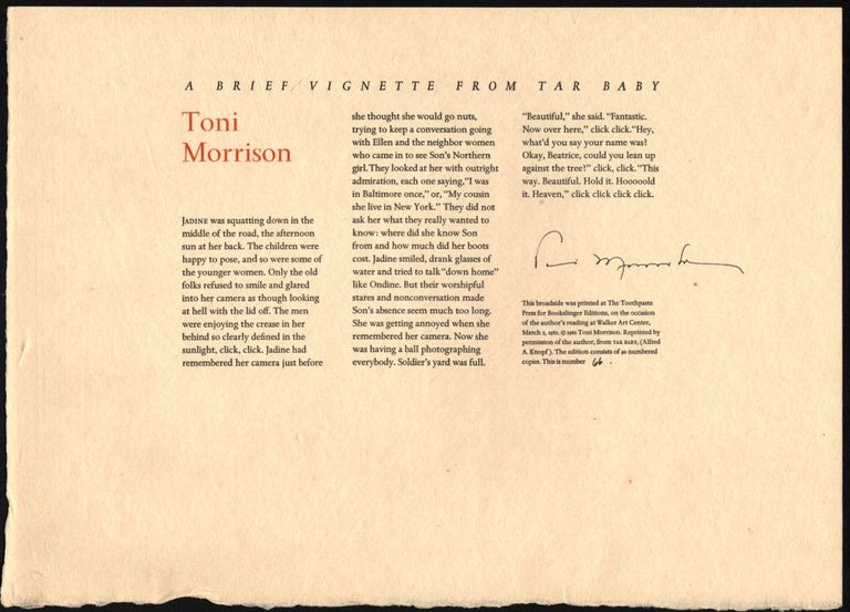 Item #9017970 A Brief Vignette from Tar Baby (broadside). Toni Morrison.