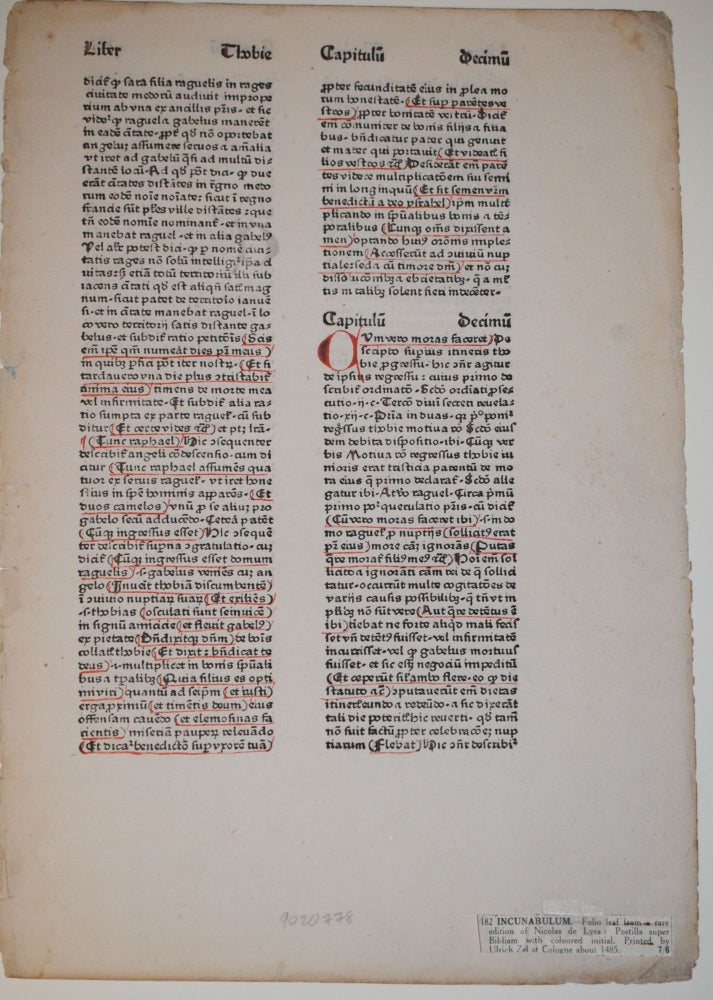 Item #9020778 Postilla super Bibliam (printed incunabula leaf). Nicolas de Lyre.