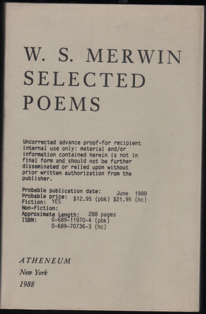 Item #9027591 Selected Poems. W. S. Merwin.