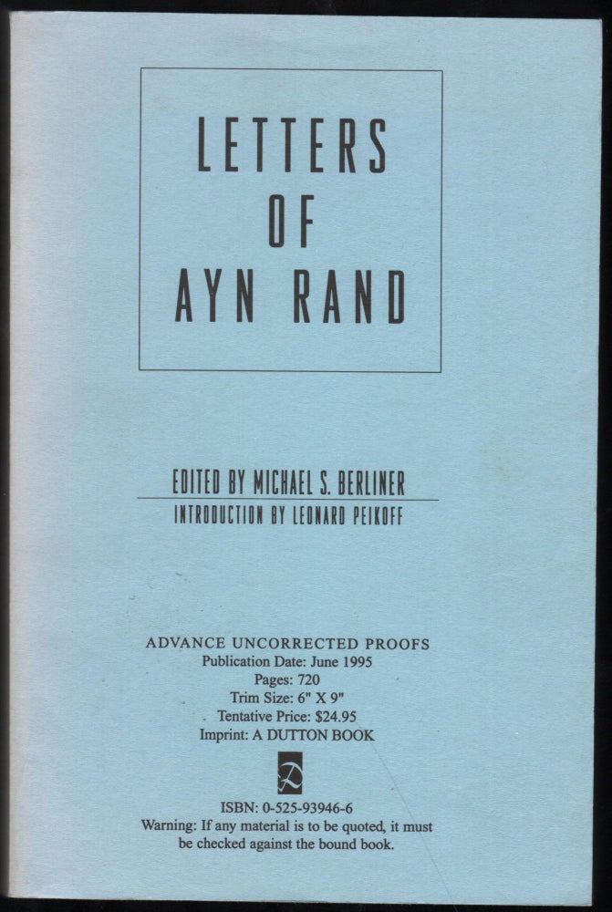 Item #9027750 Letters of Ayn Rand. Ayn Rand, Michael S. Berliner.