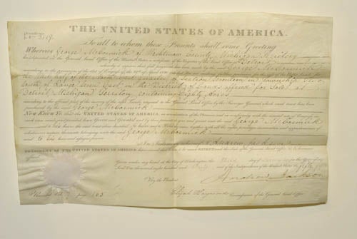 Item #9029398 Land grant signed by Andrew Jackson (born 1767, died 1845). President of the United States (1829-1837). Andrew Jackson.